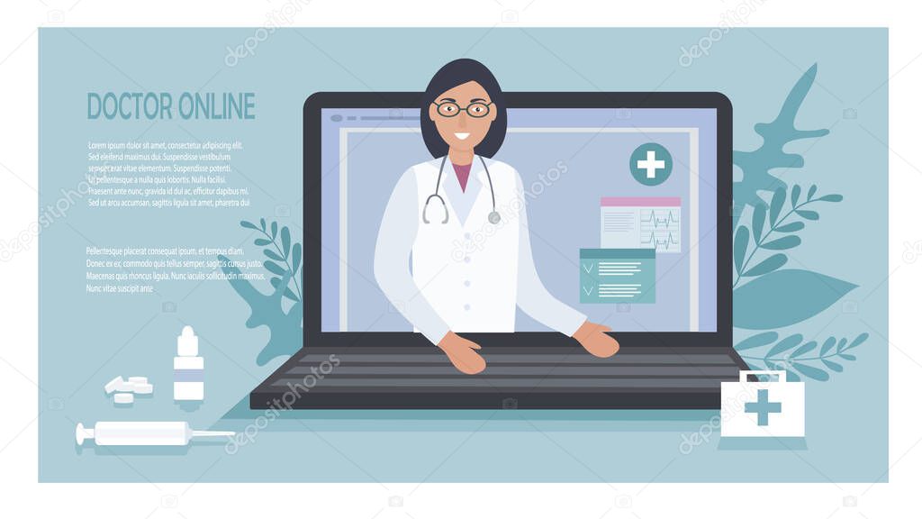 A doctor with a stethoscope on a laptop screen talks to a patient online. Medical consultations, exams, treatment, services, health care, conference online. Vector Web banner design template