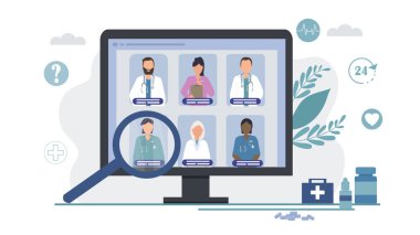 İnternetten doktor seçiyorum. Teletıp, uzaktan tıbbi hizmetler. İnternette tıbbi konsültasyon ve teşhis için bir uzman ara. Farklı uzman doktorların portreleri. düz vektör