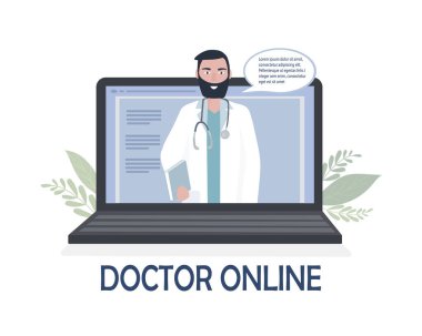Bilgisayarında steteskop olan bir doktor hastasıyla internette konuşuyor. Tıbbi muayeneler, sınavlar, tedavi, hizmetler, sağlık hizmetleri, online konferans. Klinik web sitesi, uygulama için. Vektör düzlüğü.