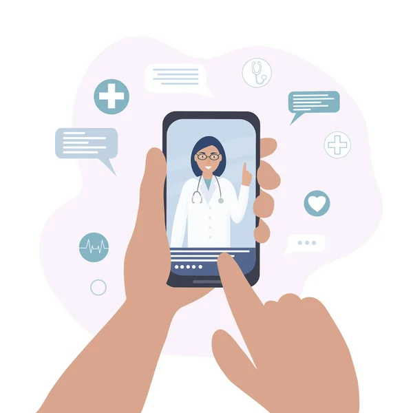 O médico na tela do celular fala online com o paciente. Comunicação de vídeo e mensagens. Consultas médicas, exames, tratamento, serviços, cuidados de saúde, conferências online. — Vetor de Stock