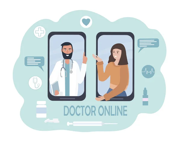 Consultation Soins Médicaux Ligne Une Personne Parle Médecin Sur Téléphone — Image vectorielle