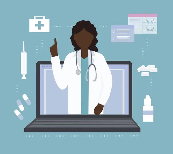 Siyahi bir Amerikalı kadın doktor bir hastayla çevrimiçi konuşuyor. Video iletişimi ve mesajlar. Tıbbi istişareler, sınavlar, tedavi, hizmetler, sağlık hizmetleri, konferans çevrimiçi.