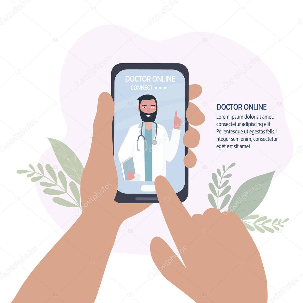 The doctor on the cell phone screen talks online with the patient. Video communication and messages. Medical consultations, exams, treatment, services, health care, conferences online. for clinic webs