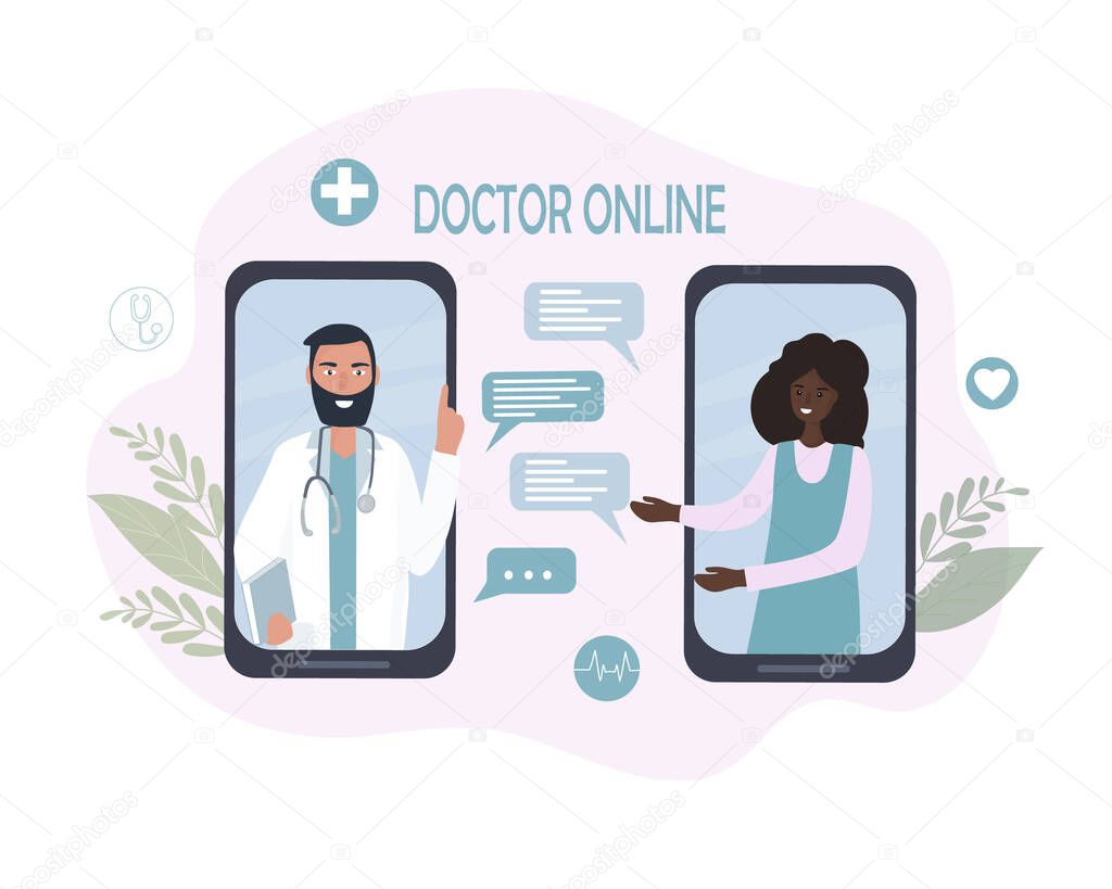Online medical consultation and care. A person talks to a doctor on a cell phone, using video calls and messenger messages. Telemedicine, remote communication between the patient and the doctor.Vector