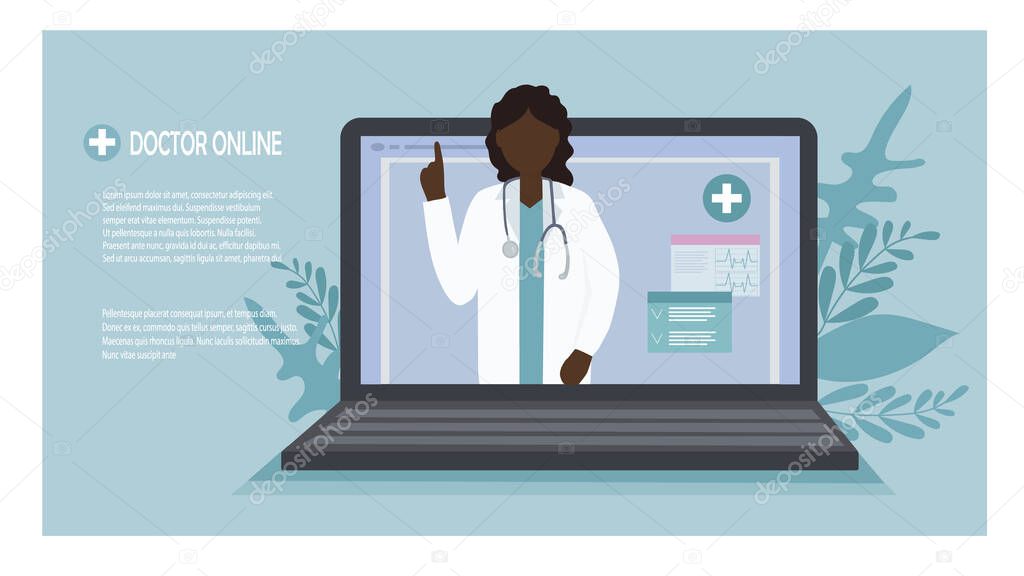 A black American woman doctor talks to a patient online. Video communication and messages. Medical consultations, exams, treatment, services, health care, conference online.