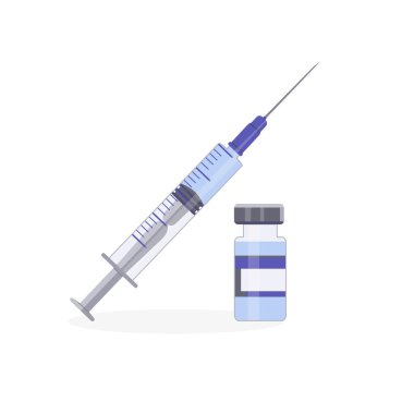 Cam ampul ve şırınga. Virüslere ve hastalıklara karşı koruma. Coronavirus aşısı. Tam zamanında aşı. Bir uyuşturucu ampulünün şablon tasarımı. Beyaz arkaplanda izole edilmiş vektör illüstrasyonu