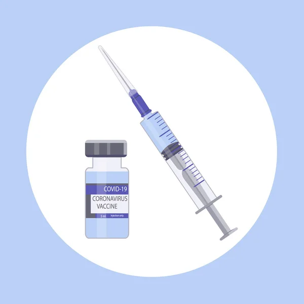 Het enige effectieve coronavirus vaccin. Glazen ampul met geneesmiddel en spuit. Tijdige vaccinatie tegen Covid-19. Bescherming tegen virussen en ziekten. — Stockvector