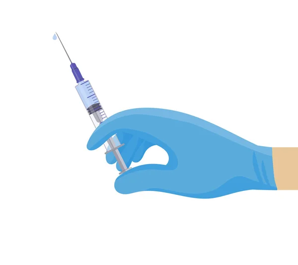 İlaç şırıngası. Mavi koruyucu tıbbi eldiven giymiş doktorların elleri. Grip aşısı, anestezi, kozmetolojide güzellik enjeksiyonu. Viral enfeksiyon ve hastalıklara karşı tedavi ve koruma