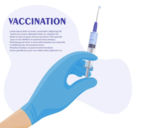 Uma seringa de medicamento. Médicos mãos em luvas médicas de proteção azul. Vacinação contra a gripe, anestesia, injeção de beleza em cosmetologia. —  Vetores de Stock