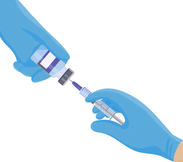 Μια σύριγγα και ένα φιαλίδιο με φάρμακο. Οι γιατροί φορούν μπλε προστατευτικά γάντια. Εμβολιασμός κατά της γρίπης, αναισθησία, ενέσεις καλλυντικών στην κοσμετολογία — Διανυσματικό Αρχείο