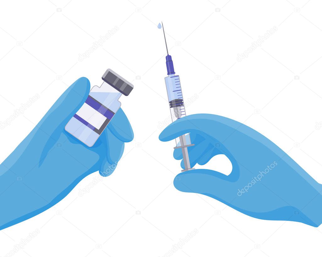 A syringe and a vial of medicine. Physician's hands in blue protective medical gloves. Flu vaccination, anesthesia, cosmetic injections in cosmetology. Treatment and protection against viral diseases.