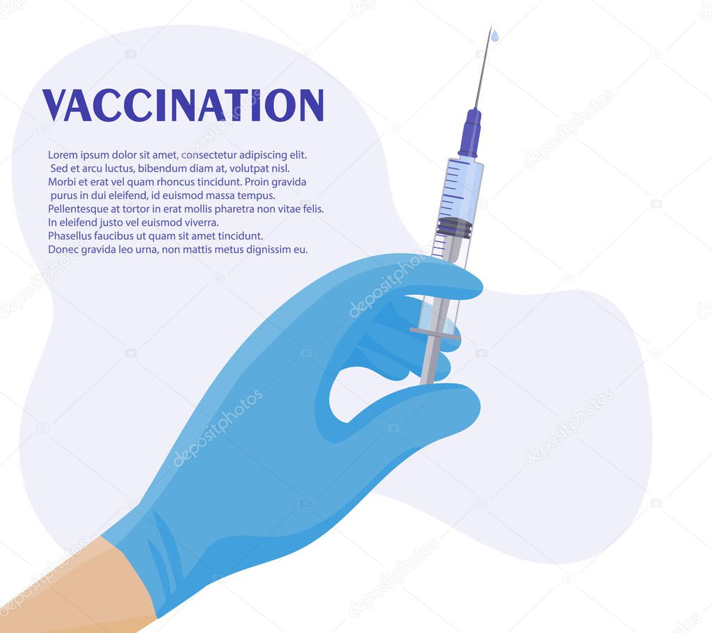 A syringe of medicine. Physicians hands in blue protective medical gloves. Flu vaccination, anesthesia, beauty injection in cosmetology.