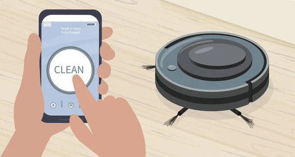 Elektrikli süpürgeyi kontrol etmek için akıllı telefon uygulaması. Daireleri temizlemek için modern akıllı ev aletleri. Akıllı aletler. Ahşap zemini enkaz ve pislikten temizler. Vektör.