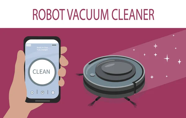 스마트폰 앱으로 청소기를 수있습니다 청소하는 현대의 스마트 가전제품 스마트 가전제품 — 스톡 벡터