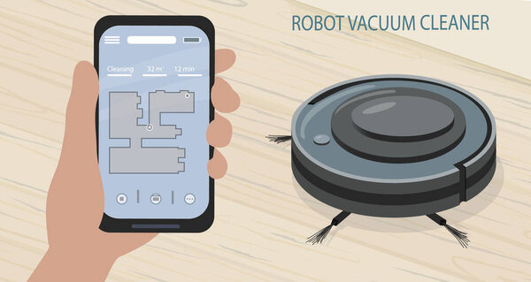 A smartphone app to control the robot vacuum cleaner. Modern smart home appliances for cleaning apartments. Smart appliances. washes and cleans the wood floor from debris and dirt. Vector.