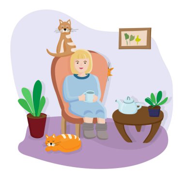 Bir kadın evcil hayvanlarıyla bir sandalyede oturuyor. Çay zamanı. Saklanan kediyi bulun. Kedileri say. Oturma odasının içinde çiçekler ve duvarda bir resim var. Hayvanlar en iyi arkadaş. vektör.