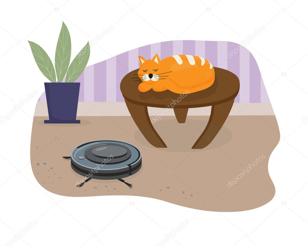 Silent smart robot vacuum cleaner. The cat sleeps serenely on the table to the sound of the vacuum cleaner cleaning. Modern intelligent household appliances for cleaning the apartment. Flat vector.