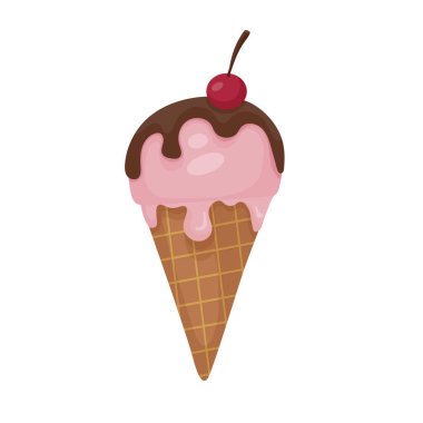 Çizgi film tarzında dondurma düz vektör çizimi. Waffle külahında erimiş dondurma topu. Koyu çikolata ve olgun vişne. Favori lezzetli tatlı..