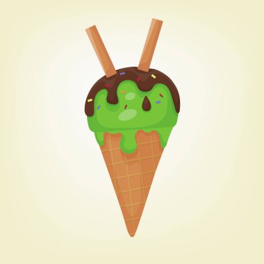 Çizgi film tarzında düz vektör illüstrasyonlu dondurma. Waffle külahında erimiş dondurma topu. Koyu çikolata, pipo kurabiyeleri ve tatlı şekerlemeler. En sevdiğim tatlı..