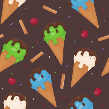 Dondurmanın kusursuz vektör deseni. Waffle külahında erimiş dondurmanın farklı renkte topları. Koyu çikolata, pipet, kiraz, kurabiye ve tatlı şekerleme. En sevdiğim tatlı..