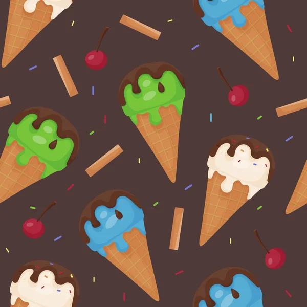 Dondurmanın kusursuz vektör deseni. Waffle külahında erimiş dondurmanın farklı renkte topları. Koyu çikolata, pipet, kiraz, kurabiye ve tatlı şekerleme. En sevdiğim tatlı..