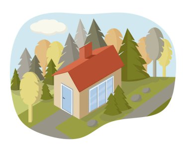 Vektör izometrik ev simgesi. Ormandaki kırsal bir aile evinin tasviri. Etrafta bir sürü ağaç var. Köy hayatı. Çevre dostu ve uygarlıktan uzak..