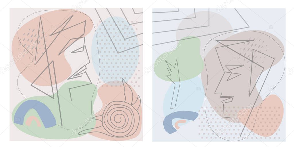 Set of abstract vector cards in pastel colors. Single line portraits, doodles, minimalistic shapes and colored spots. Concept of balance, harmony and ecology. Modern print and poster.