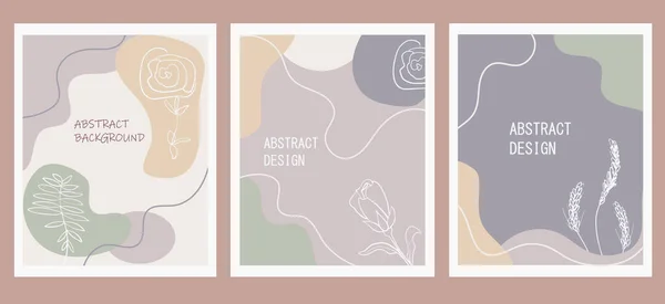 Bir dizi yaratıcı poster. Pastel renklerde modern soyut arkaplan. Minimum geometrik şekiller, botanik bitki ve çiçek elementleri, çizgi sanatı. Sosyal medya pazarlaması için tasarımlar, şık baskılar.