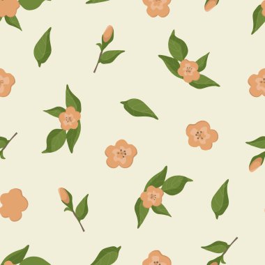 Bahar ya da yaz botanik kusursuz desen. Narin çiçekler ve ağaç yaprakları. Elma ağacı, kiraz ağacı ya da sakura. Kağıt, örtü, kumaş, hediye paketi için. vektör illüstrasyonu.