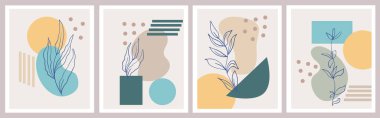 Bir dizi yaratıcı poster. Pastel renklerde modern soyut arkaplan. Minimum geometrik şekiller, botanik bitki ve çiçek elementleri, çizgi sanatı. Sosyal medya pazarlaması için tasarımlar, şık baskılar.