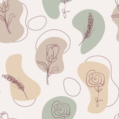 Vektör kusursuz desen. Pastel renklerde modern soyut arkaplan. Minimum geometrik şekiller, botanik bitki ve çiçek elementleri, çizgi sanatı. Sosyal medya pazarlaması için tasarımlar, şık baskılar.