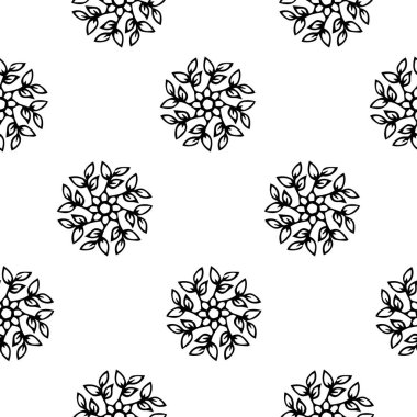 Kusursuz desen. Çiçek ve botanik süsler dairesel tasarımda. Vektör el çizimi, çizgi sanatı. Kağıt, duvar kağıdı, kumaş için..