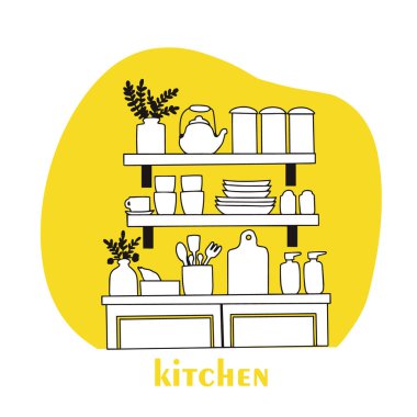 Mutfak rafları, mutfak aletleri ve çeşitli dekorasyonlar. Yemek pişirmek için uygun ve düzenlenmiş eşyalar. Çizgi, el çizimi. Vektör illüstrasyonu.