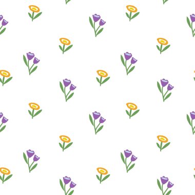 Bahar ya da yaz botanik kusursuz desen. Bir açıklıkta stilize çiçekler, laleler ve şakayıklar. Ekoloji ve koruma kavramı. Kağıt, örtü, kumaş, hediye paketi için. Vektör illüstrasyonu.