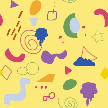 Soyut minimalist elementlerin kusursuz deseni. Basit şekiller, boya lekeleri, çizgiler ve geometrik şekiller. Tasarım elementleri el çizimi, bir çocuğun çizimi gibi stilize edilir. Vektör.