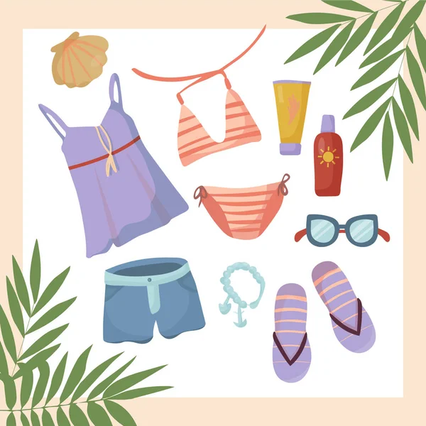 Sommerbekleidung Set Vorhanden Strandzubehör Vektor Artikel Und Dinge Für Urlaub — Stockvektor