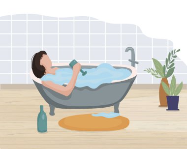 Bir bardak şarapla banyoda dinlenen bir kadın. Bir gün çalıştıktan sonra dinleniyorum. Vektör düz resimleme.