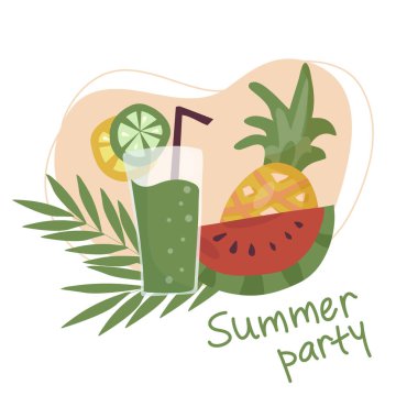 Yaz ferahlatıcı meyve kokteyli. Basit bir bardak ve pipetle alkolsüz içecekler. Taze meyve püresi ve taze meyve dilimleri palmiye yapraklarına karşı. Sağlıklı vejetaryen yemeği. vektör düzlüğü.