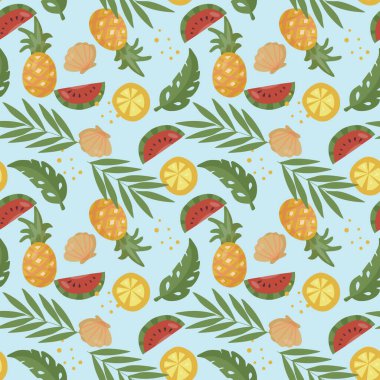 Tropik meyve ve palmiye yapraklarıyla kusursuz desen. Karpuz ve portakal dilimleri, ananas. Paket kağıdı ve tekstil tasarımı için vektör illüstrasyonu.