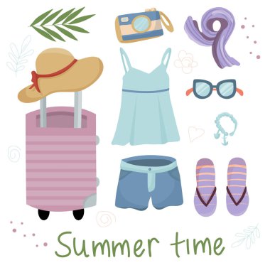 Yaz giysi seti. Plaj aksesuarları. Tatil ve seyahat için vektör eşyalar ve eşyalar, şık kıyafetler ve setler planlamak. Sıradan bir tarz. Basit düz resimleme.