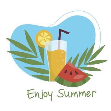 Yaz ferahlatıcı meyve kokteyli. Basit bir bardak ve pipetle alkolsüz içecekler. Taze meyve püresi ve taze meyve dilimleri palmiye yapraklarına karşı. Sağlıklı vejetaryen yemeği. vektör düzlüğü.