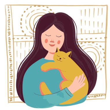 Kucağında kedi tutan tatlı bir kız. Sevdiği evcil hayvanıyla mutlu bir sahibin portresi. Hayvanlara şefkat ve sevgi. vektör düzlüğü..