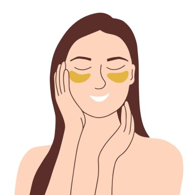 Bir kadın evinde kozmetik bir tedavi uyguluyor. Göz altı nemlendirici bantlar. Cilt bakımı konsepti, SPA yüz bakımı. Sabah rutini. Sağlıklı yaşam tarzı, cildini sağlıklı ve genç tut. düz vektör.