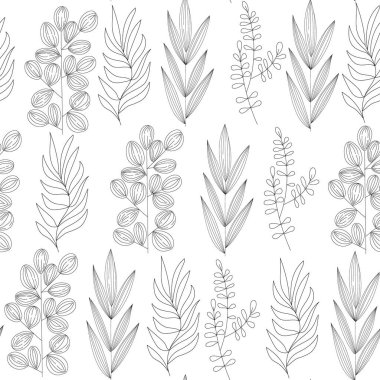 Farklı türde otların ve dalların kusursuz deseni. Element çizgisi sanatından bitki süsü. Ekoloji, çevre, doğa koruma kavramı. Kağıt, örtü, kumaş için. Vektör.
