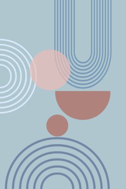 Geometrik şekil ve çizgilerle soyut bir arkaplan. Gökkuşağı izi ve güneş çemberi, boho stili. Pastel renklerde modern minimalist baskı. Denge, uyum ve denge kavramı. Vektör.