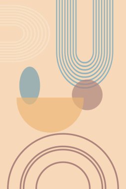 Geometrik şekil ve çizgilerle soyut bir arkaplan. Gökkuşağı izi ve güneş çemberi, boho stili. Pastel renklerde modern minimalist baskı. Denge, uyum ve denge kavramı. Vektör.