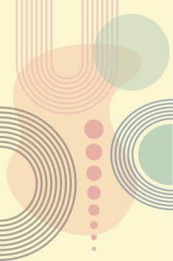 Geometrik şekil ve çizgilerle soyut bir arkaplan. Gökkuşağı izi ve güneş çemberi, boho stili. Pastel renklerde modern minimalist baskı. Denge, uyum ve denge kavramı. Vektör.