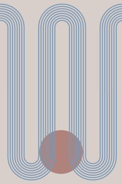 Geometrik şekil ve çizgilerle soyut bir arkaplan. Gökkuşağı izi ve güneş çemberi, boho stili. Pastel renklerde modern minimalist baskı. Denge, uyum ve denge kavramı. Vektör.