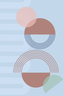 Geometrik şekil ve çizgilerle soyut bir arkaplan. Gökkuşağı izi ve güneş çemberi, boho stili. Pastel renklerde modern minimalist baskı. Denge, uyum ve denge kavramı. Vektör.