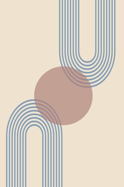 Geometrik şekil ve çizgilerle soyut bir arkaplan. Gökkuşağı izi ve güneş çemberi, boho stili. Pastel renklerde modern minimalist baskı. Denge, uyum ve denge kavramı. Vektör.